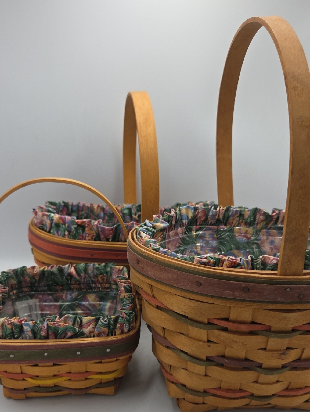 Longaberger Set Of 3 Baskets With Fabric Easter Liners And Plastic Inserts